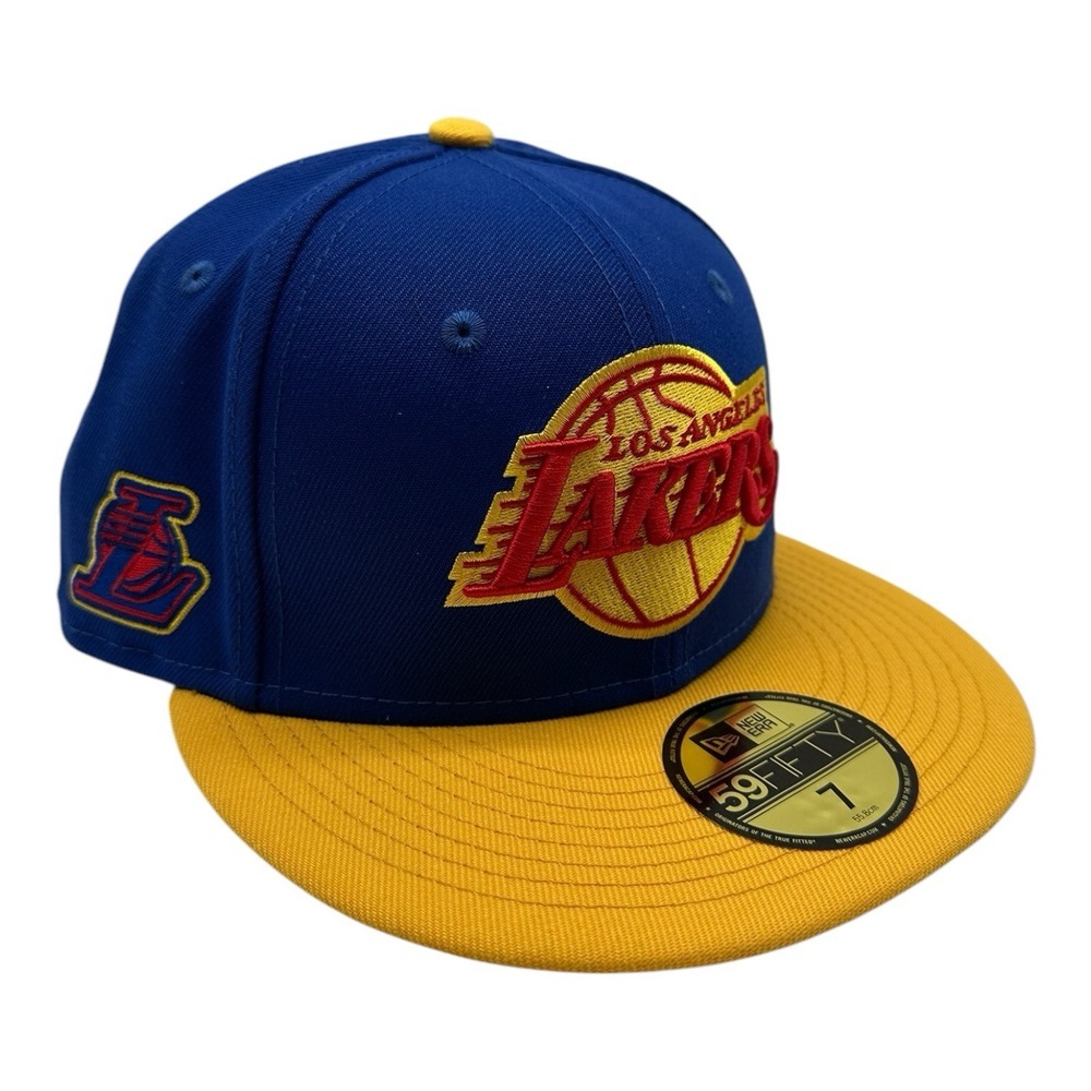 New Era 59Fifty Los Angeles Lakers Hat Cap Size 7 Blue Yellow Side Patch NBA